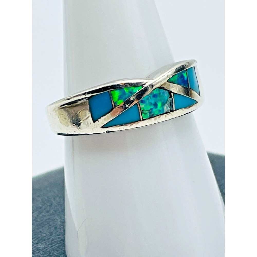 Southwest Sterling Silver Ring Lab Opal Turquoise Inlay Band Size 7 Signed AV - Picture 3 of 12